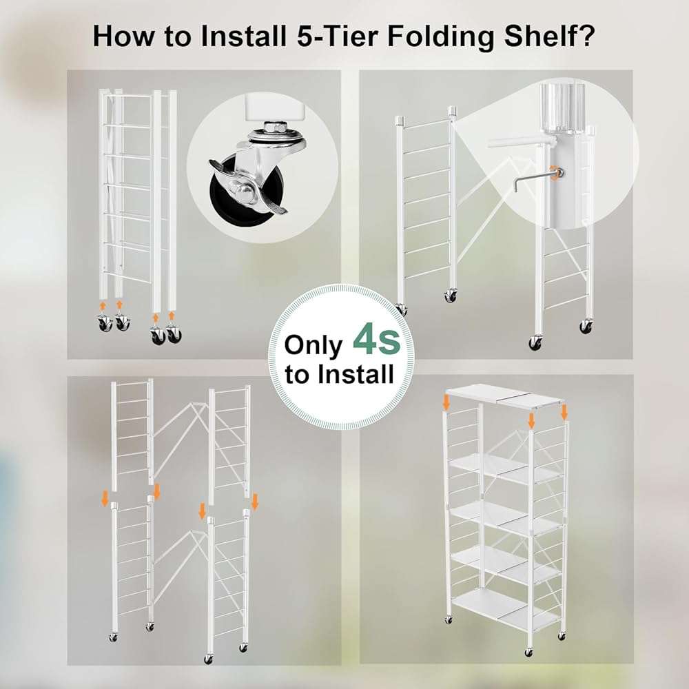 Himix 5 Tier Foldable Storage Shelves, Expandable Folding Pantry Shelf with Wheels, Changeable into 2 Shelf Units, Collapsible Storage Rack Metal Shelves for Kitchen, Room, Garage, White - Image 5
