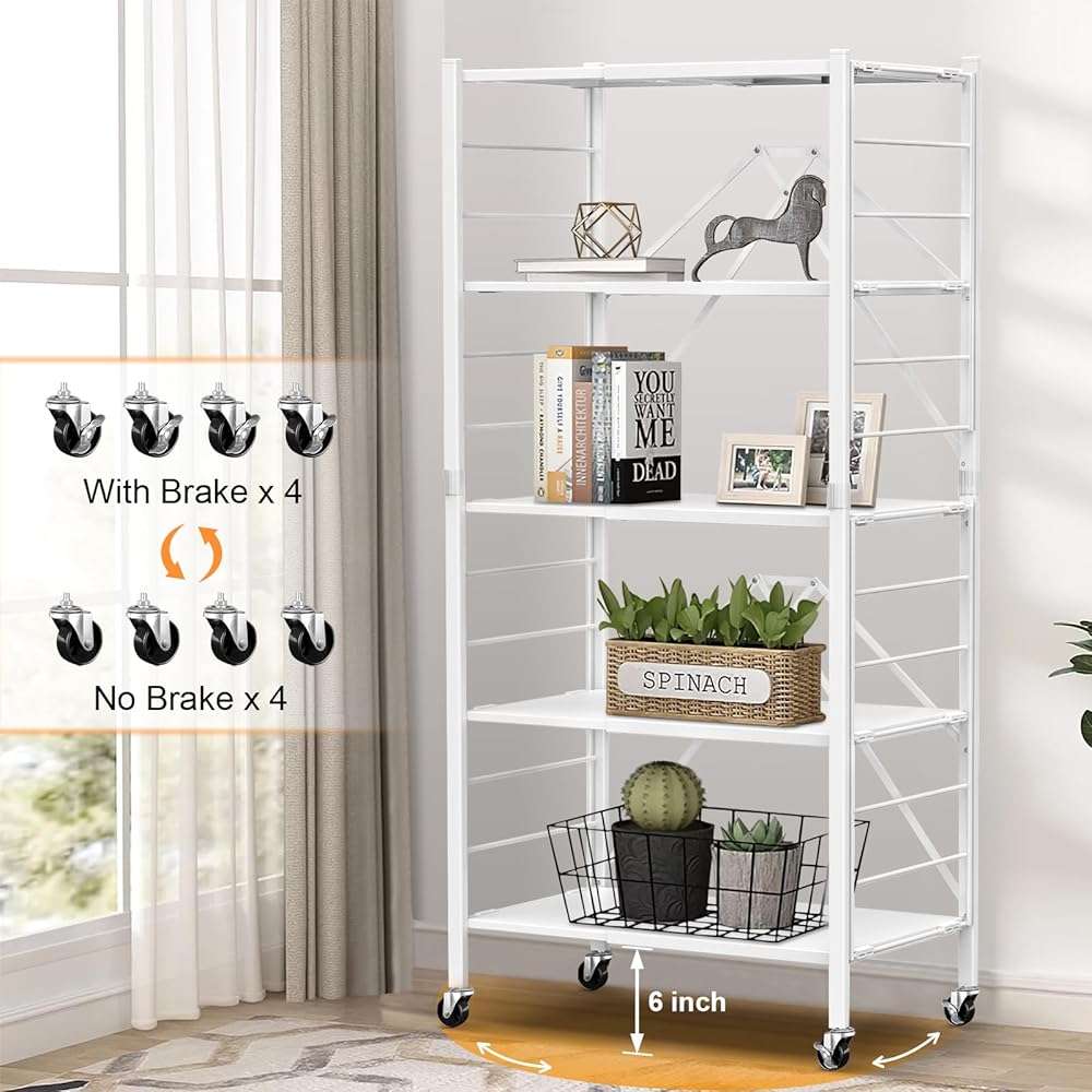 Himix 5 Tier Foldable Storage Shelves, Expandable Folding Pantry Shelf with Wheels, Changeable into 2 Shelf Units, Collapsible Storage Rack Metal Shelves for Kitchen, Room, Garage, White - Image 7