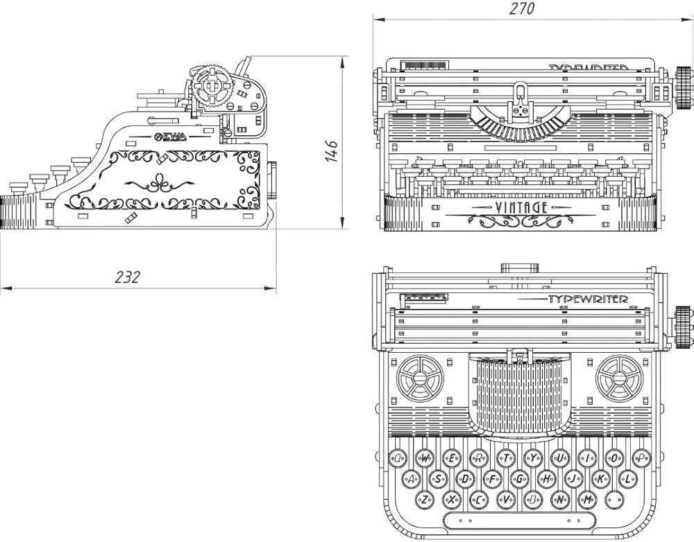 Vintage Typewriter - Realistic Wooden Mechanical Model Kit, 453 Pieces - Image 3