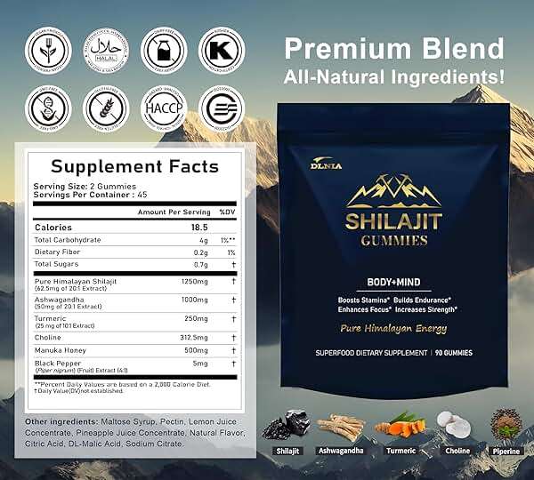 DLNIA 13-in-1 Shilajit Gummies with KSM-66® Ashwagandha | 4000 mg Himalayan Shilajit Extract (20:1), Choline & Botanicals | Sugar-Free, Vegan | Energy, Focus & Daily Vitality Support for Men & Women - Image 2
