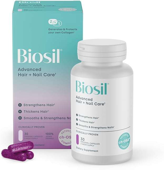 Biosil Advanced Hair + Nail Care - 30 Capsules - Grow, Strengthen & Thicken Hair and Nails - with Patented ch-OSA & Biotin - 15-Day Supply - Image 1