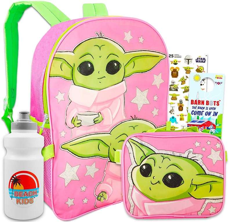 Baby Yoda Backpack with Lunch Box Set - Bundle of Mandalorian Backpack, Lunch Box, Water Bottle, Stickers, More | Star Wars School Supplies for Kids - Image 1