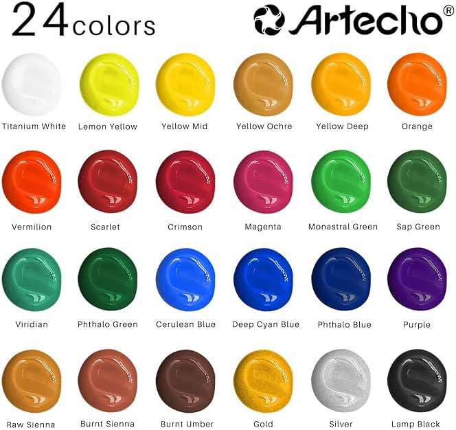Artecho Acrylic Paint Set 24 Colors 2oz/59ml with 12 Brushes, Art Supplies | Permanent rich pigment non-toxic craft kit for canvas, fabric, rock, wood, ceramic, Great gift for adults & beginners - Image 3