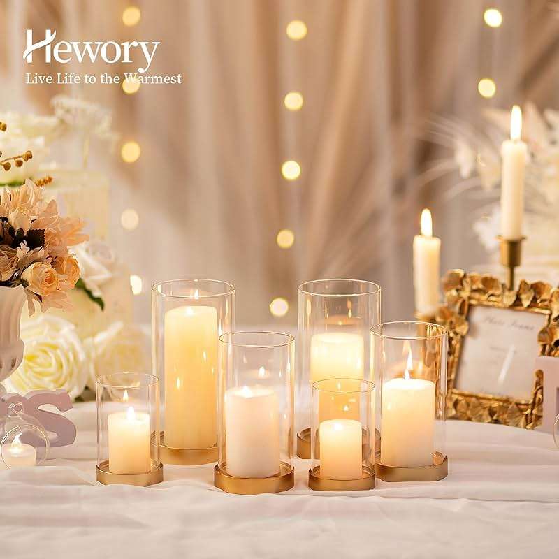 Hewory Hurricane Candle Holder for Pillar Candles: Gold Votive Candle Holders Set of 12, Glass Hurricane with Metal Candle Plate, Pillar Candle Holder for Table Centerpiece Wedding Holiday Home Decor - Image 2