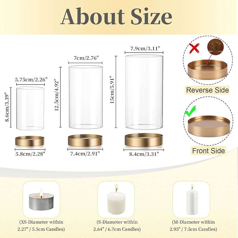 Hewory Hurricane Candle Holder for Pillar Candles: Gold Votive Candle Holders Set of 12, Glass Hurricane with Metal Candle Plate, Pillar Candle Holder for Table Centerpiece Wedding Holiday Home Decor - Image 3
