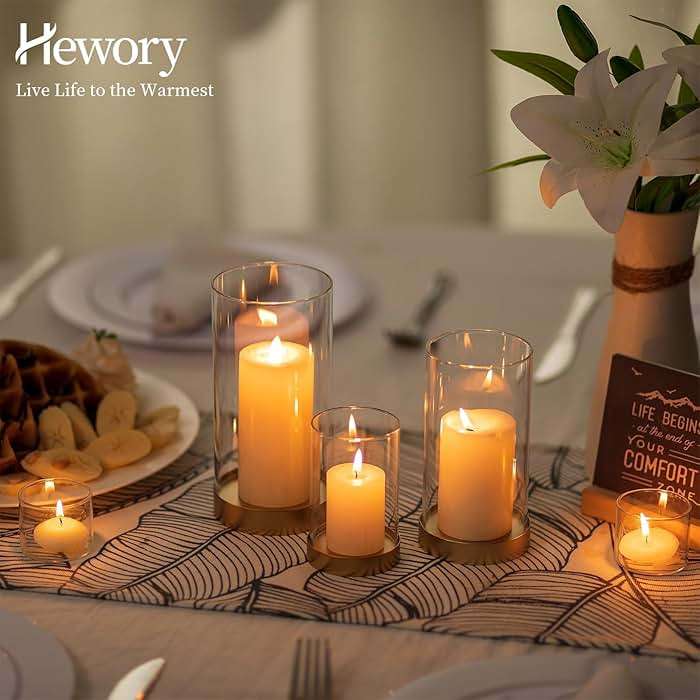 Hewory Hurricane Candle Holder for Pillar Candles: Gold Votive Candle Holders Set of 12, Glass Hurricane with Metal Candle Plate, Pillar Candle Holder for Table Centerpiece Wedding Holiday Home Decor - Image 5
