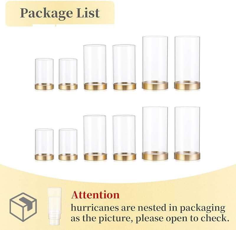 Hewory Hurricane Candle Holder for Pillar Candles: Gold Votive Candle Holders Set of 12, Glass Hurricane with Metal Candle Plate, Pillar Candle Holder for Table Centerpiece Wedding Holiday Home Decor - Image 7