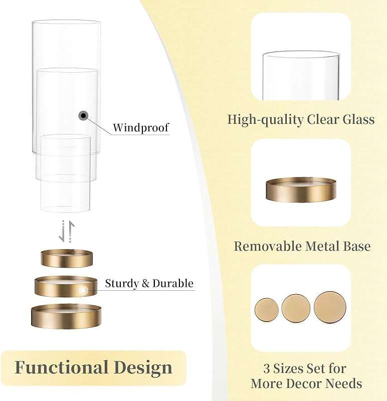 Hewory Hurricane Candle Holder for Pillar Candles: Gold Votive Candle Holders Set of 12, Glass Hurricane with Metal Candle Plate, Pillar Candle Holder for Table Centerpiece Wedding Holiday Home Decor - Image 9