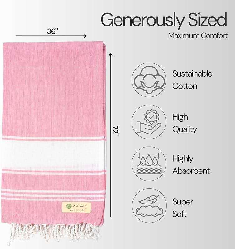 Salt Earth Cotton Turkish Beach Towel (Set of 2, 36"x72") - Soft, Quick Dry, Sand Resistant, Absorbent Towels for Bathroom, Home, Travel, Pool, Spa, Bath, Swim - Beach Towels Oversized (Pink) - Image 3
