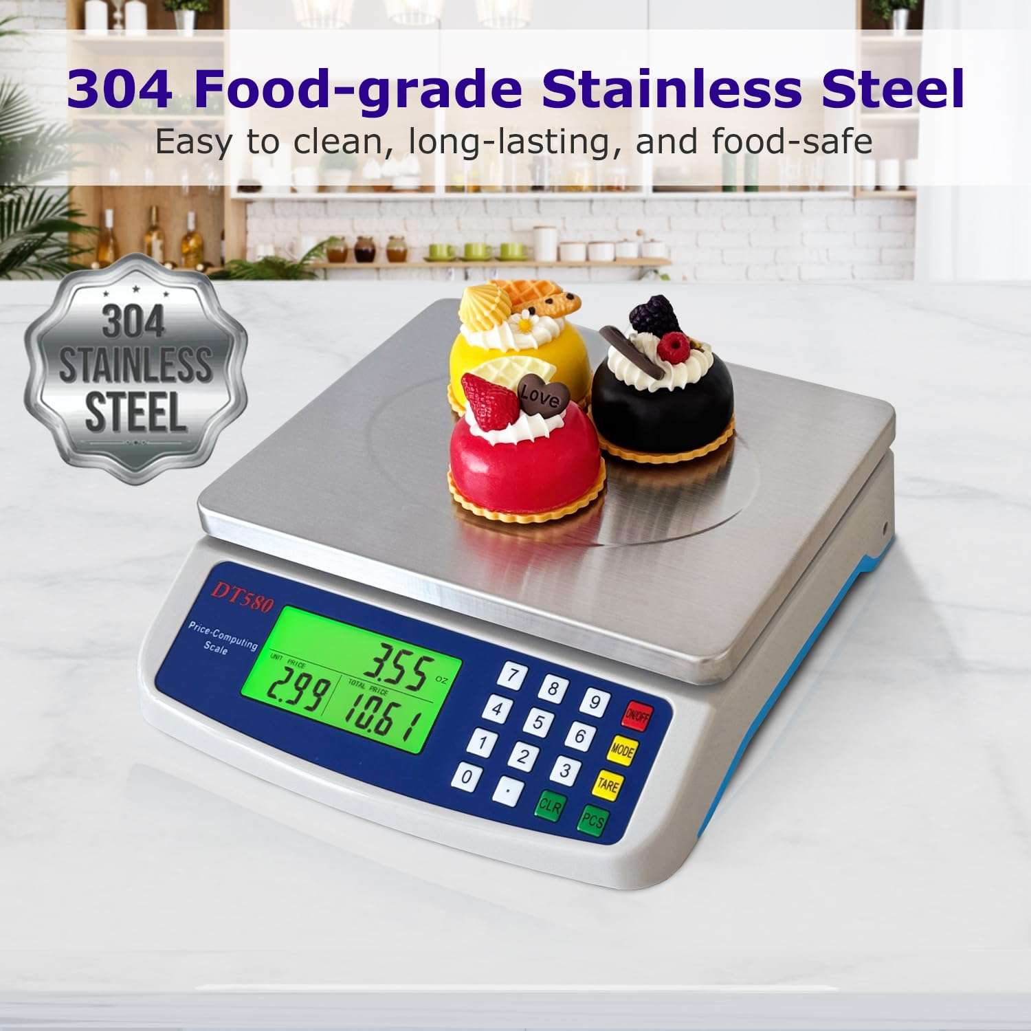 Large Digital Kitchen Scale 40kg/88lb Stainless Steel Price Computing Scale Counting Scale Deli Scale with LCD Display for Baking Bread Cooking Meat Prep Parts and Coins Adapter Included - Image 8