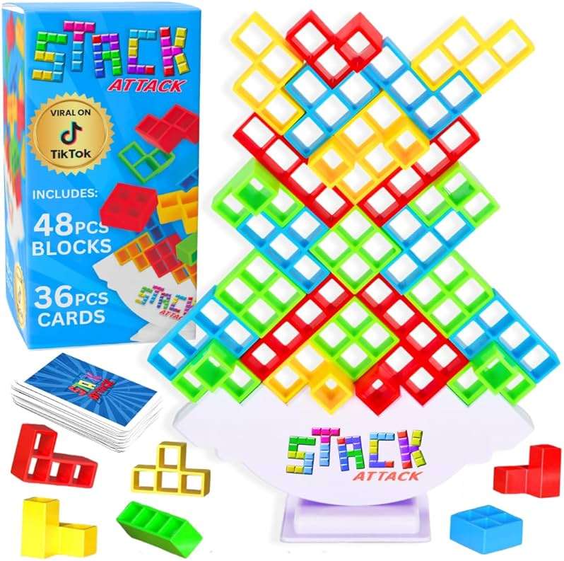 Stack Attack Tower Game, Fun Balance Games for Kids & Adults, Family Game Night Building Block and Stacking Gifts, Includes 48 Pcs & 36 Cards, Novelty Toy Gift - Image 1