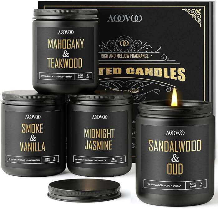 AOOVOO Scented Candles for Men - 4 Pack Candles for Home Scented, 36oz Soy Wax, 200 Hour Burn Time, Men Candle Set, Sandalwood Oud/Mahogany Teakwood/Smoke Vanilla/Jasmine Candle Set A - Image 1