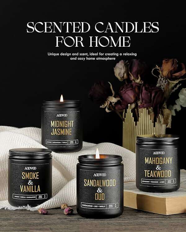 AOOVOO Scented Candles for Men - 4 Pack Candles for Home Scented, 36oz Soy Wax, 200 Hour Burn Time, Men Candle Set, Sandalwood Oud/Mahogany Teakwood/Smoke Vanilla/Jasmine Candle Set A - Image 3