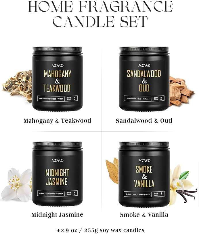 AOOVOO Scented Candles for Men - 4 Pack Candles for Home Scented, 36oz Soy Wax, 200 Hour Burn Time, Men Candle Set, Sandalwood Oud/Mahogany Teakwood/Smoke Vanilla/Jasmine Candle Set A - Image 4