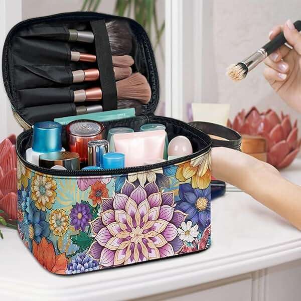 JoyLamoria Boho Floral Cosmetic Bag Toiletry Bag Desk Cosmetics Pouch Storage Home Decor - Image 2