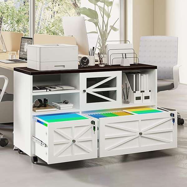 kepptory 2 Drawer File Cabinet with Lock, Rolling File Cabinet for Home Office Fits Files Letter/Legal/F4/A4, Filing Cabinet 2 Drawer with Adjustable Shelf & 2 Lockable Wheels (White + Brown) - Image 1
