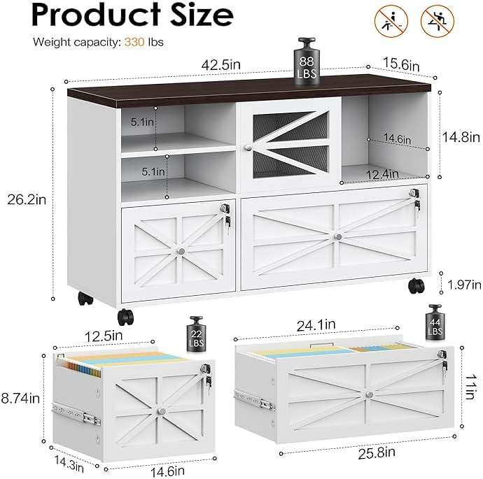 kepptory 2 Drawer File Cabinet with Lock, Rolling File Cabinet for Home Office Fits Files Letter/Legal/F4/A4, Filing Cabinet 2 Drawer with Adjustable Shelf & 2 Lockable Wheels (White + Brown) - Image 2