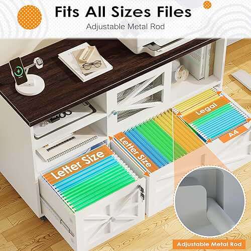 kepptory 2 Drawer File Cabinet with Lock, Rolling File Cabinet for Home Office Fits Files Letter/Legal/F4/A4, Filing Cabinet 2 Drawer with Adjustable Shelf & 2 Lockable Wheels (White + Brown) - Image 3