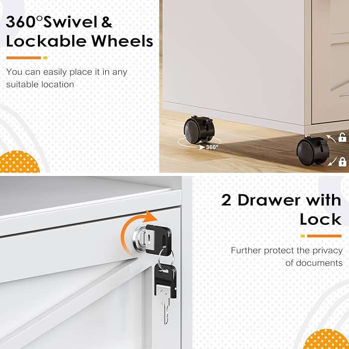 kepptory 2 Drawer File Cabinet with Lock, Rolling File Cabinet for Home Office Fits Files Letter/Legal/F4/A4, Filing Cabinet 2 Drawer with Adjustable Shelf & 2 Lockable Wheels (White + Brown) - Image 4