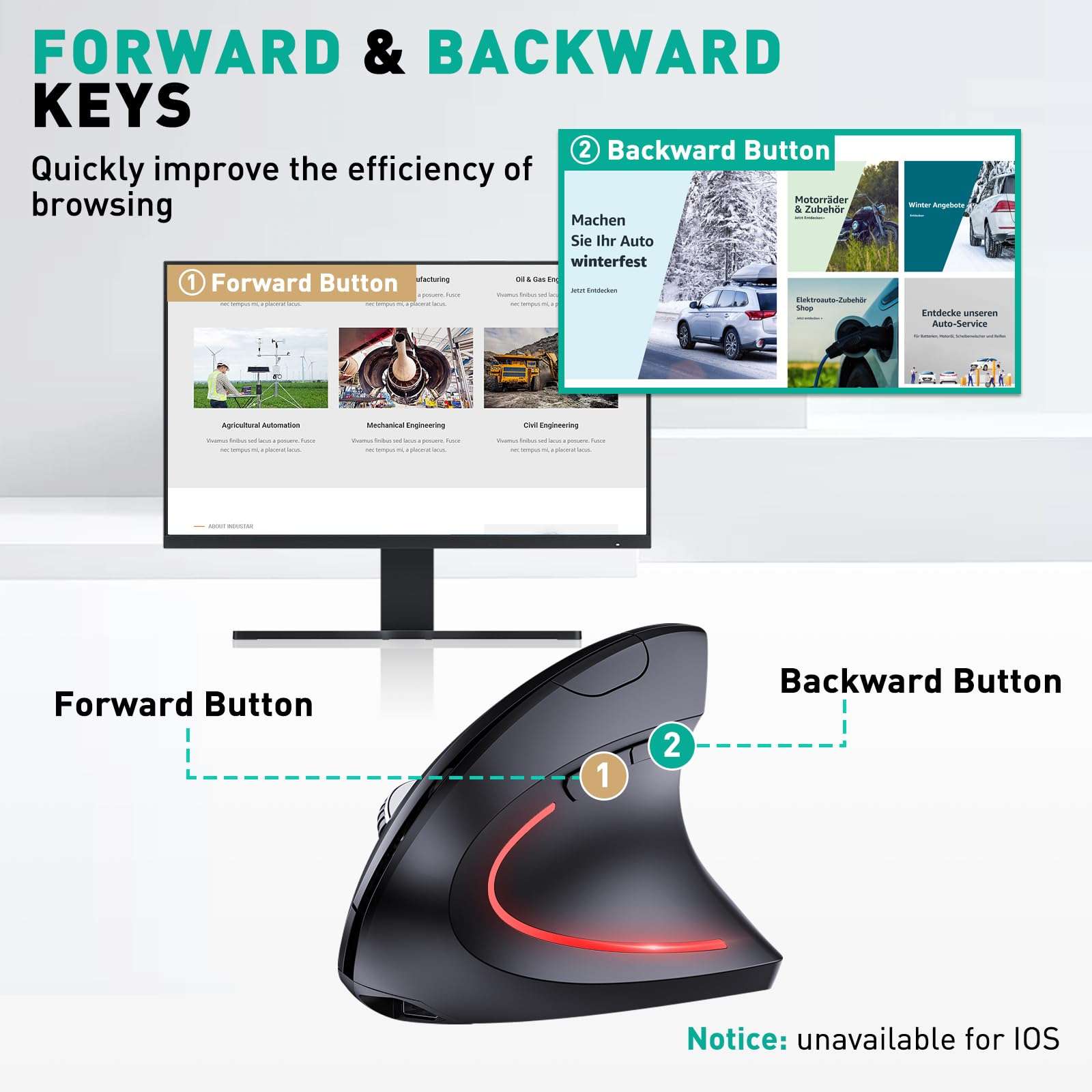 JYKEYMOUT Bluetooth and 2.4G (2-in-1) Rechargeable Wireless Mouse, Ergonomic Vertical Design, 1000/1200/1600 DPI, 6 Silent Buttons, for Laptop, Computer, PC, MacBook, Chromebook-Black - Image 8