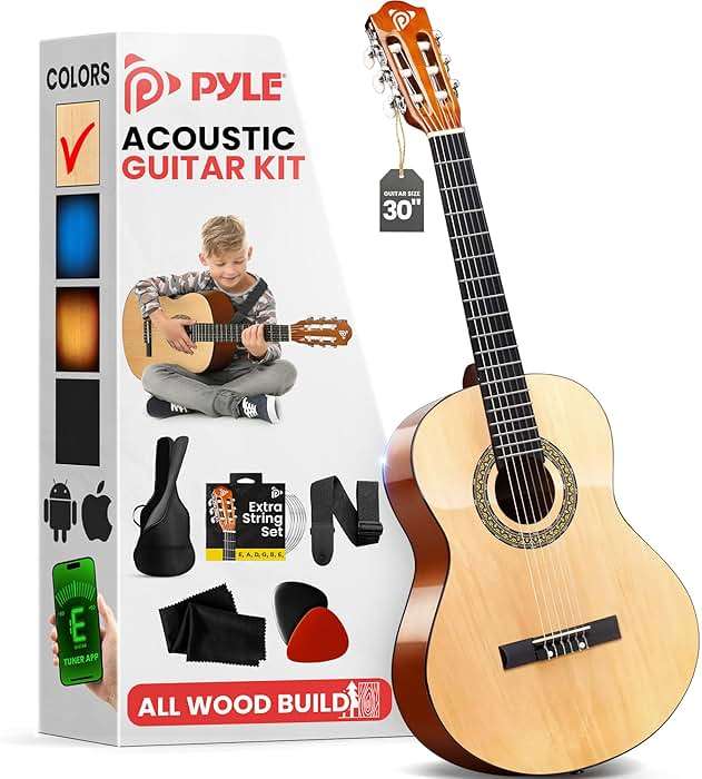 Pyle Beginner Acoustic Guitar Kit, 1/4 Junior Size All Wood Instrument for Kids, Adults, 30" Natural Ash - Image 1