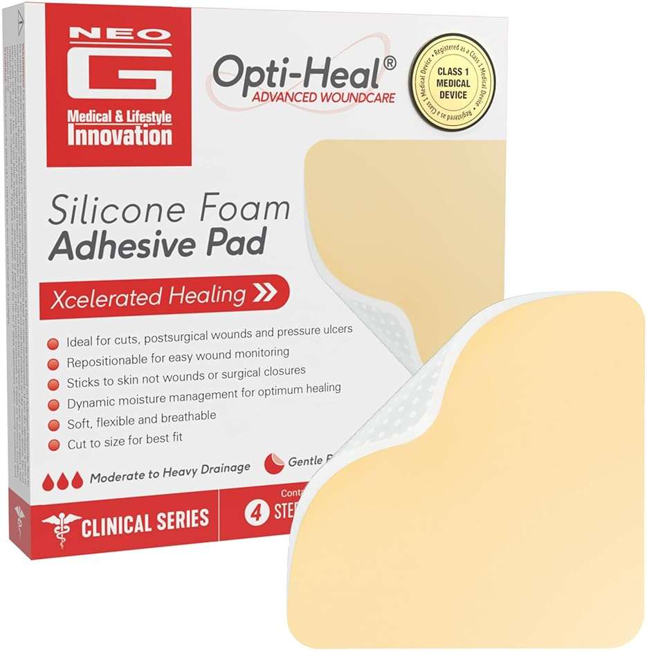 Neo G Opti-Heal Silicone Foam Adhesive Pad - Sterile Absorbent for Wounds, Cuts, Abrasions, Pressure Ulcers, Bedsores, Burns, Donor Sites - Image 1
