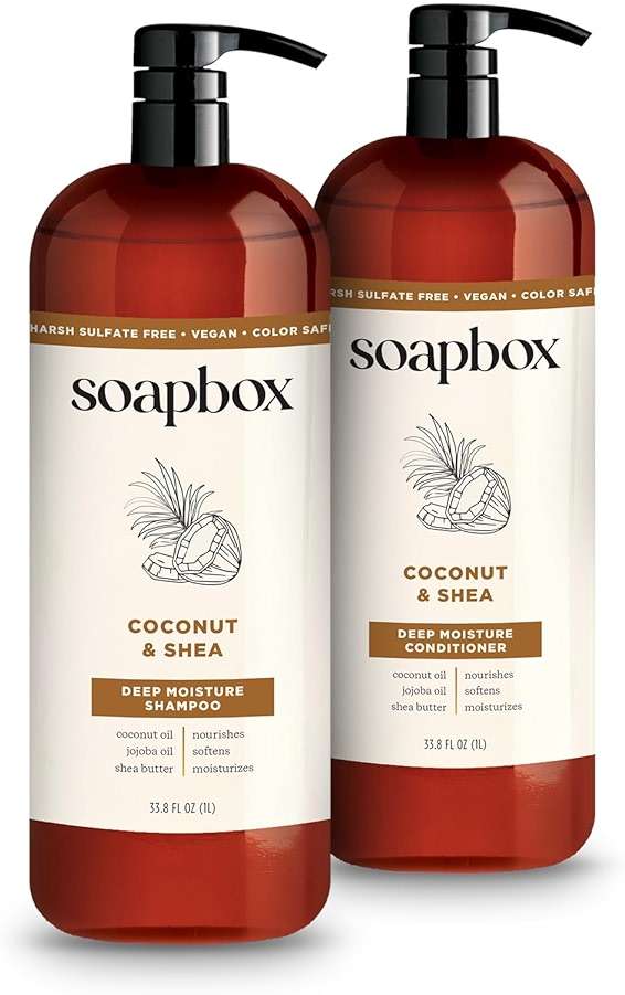Soapbox Coconut & Shea Shampoo & Conditioner Set, For Dry, Damaged Hair - Nourishes & Moisturizes Hair - Clean Ingredients Free of Harsh Chemicals, Sulfates, Parabens & Silicones - 1 Liter Each - Image 1