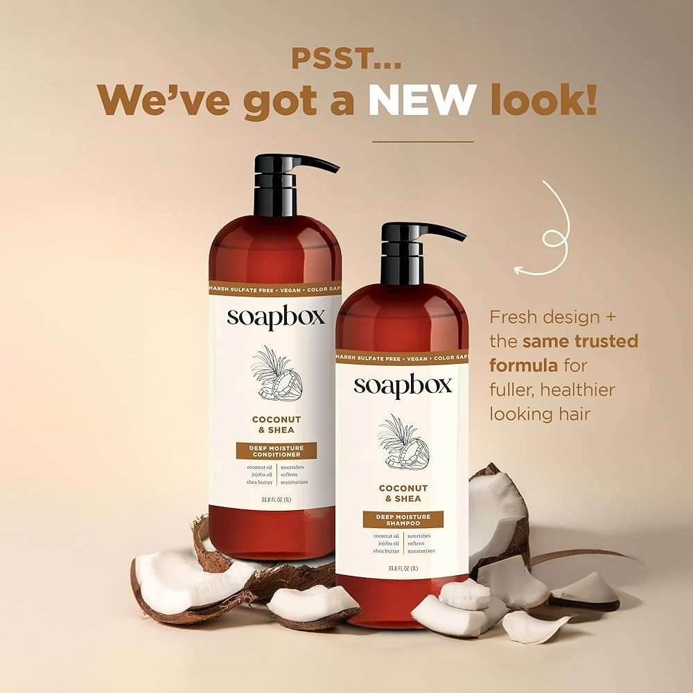 Soapbox Coconut & Shea Shampoo & Conditioner Set, For Dry, Damaged Hair - Nourishes & Moisturizes Hair - Clean Ingredients Free of Harsh Chemicals, Sulfates, Parabens & Silicones - 1 Liter Each - Image 2