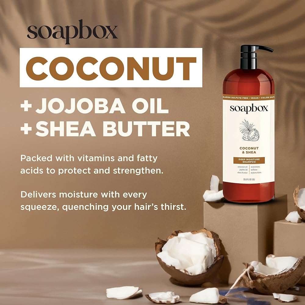 Soapbox Coconut & Shea Shampoo & Conditioner Set, For Dry, Damaged Hair - Nourishes & Moisturizes Hair - Clean Ingredients Free of Harsh Chemicals, Sulfates, Parabens & Silicones - 1 Liter Each - Image 3