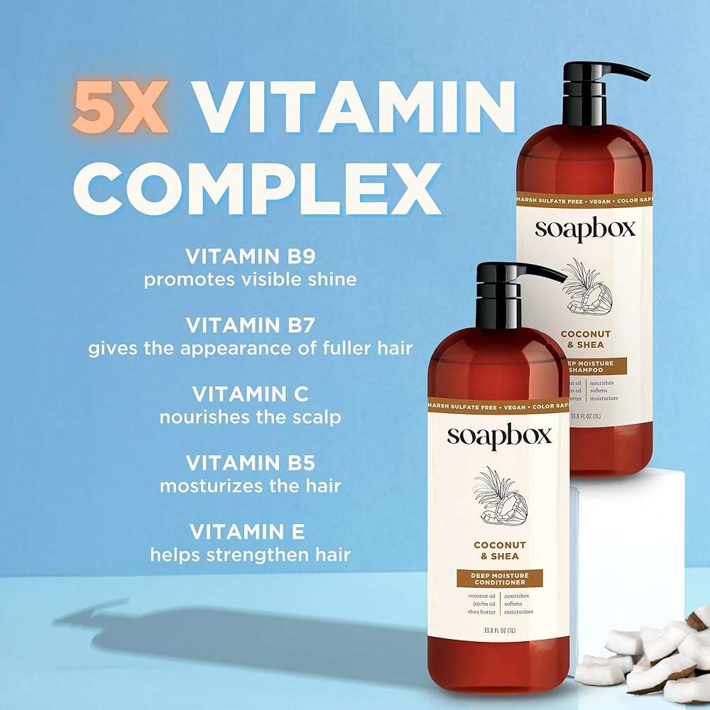 Soapbox Coconut & Shea Shampoo & Conditioner Set, For Dry, Damaged Hair - Nourishes & Moisturizes Hair - Clean Ingredients Free of Harsh Chemicals, Sulfates, Parabens & Silicones - 1 Liter Each - Image 5