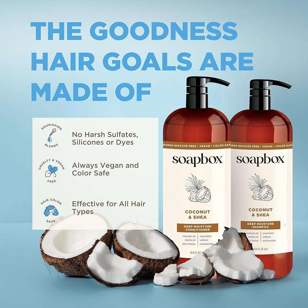 Soapbox Coconut & Shea Shampoo & Conditioner Set, For Dry, Damaged Hair - Nourishes & Moisturizes Hair - Clean Ingredients Free of Harsh Chemicals, Sulfates, Parabens & Silicones - 1 Liter Each - Image 6