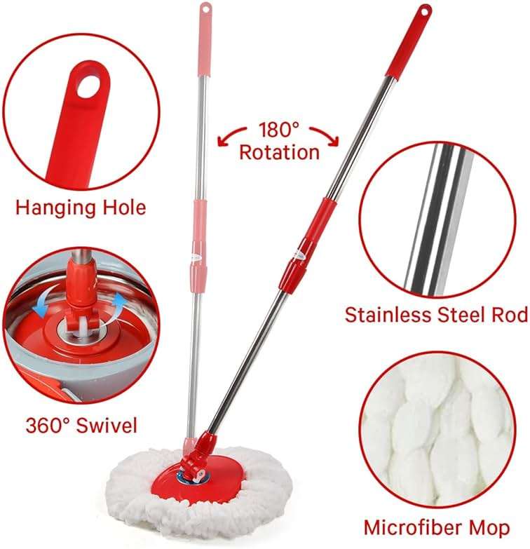 Spin Mop and Bucket with Wringer Set, 360° Spinning Mop and Bucket System with Double Cotton Tip Replacement Heads and Stainless Steel Adjustable Handle for Floor Cleaning (20QT) - Image 5