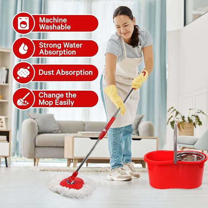Spin Mop and Bucket with Wringer Set, 360° Spinning Mop and Bucket System with Double Cotton Tip Replacement Heads and Stainless Steel Adjustable Handle for Floor Cleaning (20QT) - Image 6