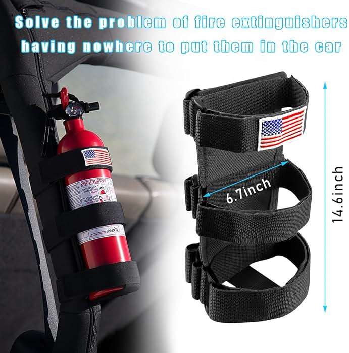 Ohleats Roll Bar Fire Extinguisher Holder, Adjustable Fire Extinguisher Mount Strap with American Flag Pattern, Car Accessories Fixed Belt for Wrangler JK JKU TJ CJ Gladiator (Black) - Image 2