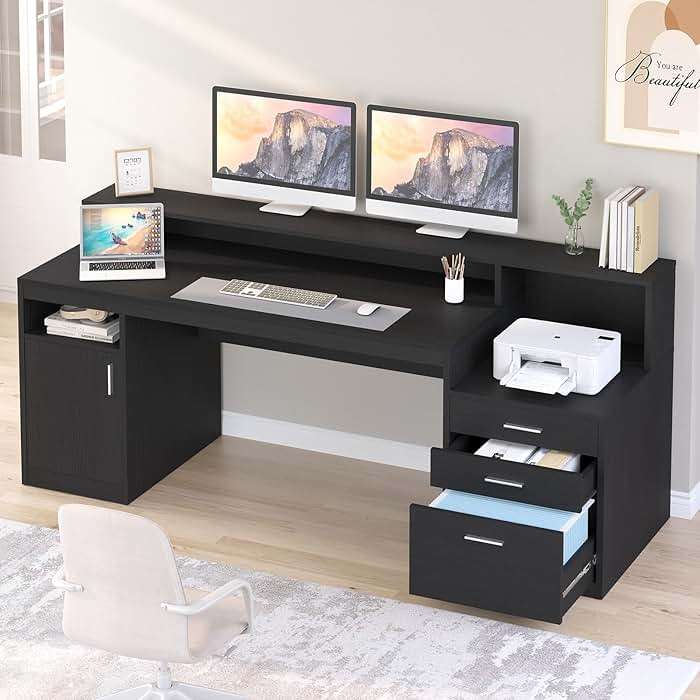 YOMILUVE Computer Desk with 3 Drawer & Storage Shelves, Home Office Desk with File Drawer & Cabinet, Writing Study Table with Long Monitor Stand & Printer Shelf, Executive Desk, Black - Image 1