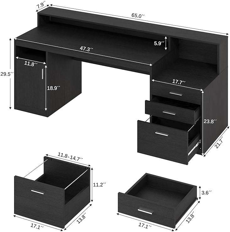 YOMILUVE Computer Desk with 3 Drawer & Storage Shelves, Home Office Desk with File Drawer & Cabinet, Writing Study Table with Long Monitor Stand & Printer Shelf, Executive Desk, Black - Image 2