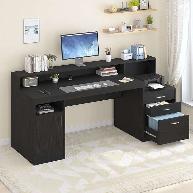 YOMILUVE Computer Desk with 3 Drawer & Storage Shelves, Home Office Desk with File Drawer & Cabinet, Writing Study Table with Long Monitor Stand & Printer Shelf, Executive Desk, Black - Image 3