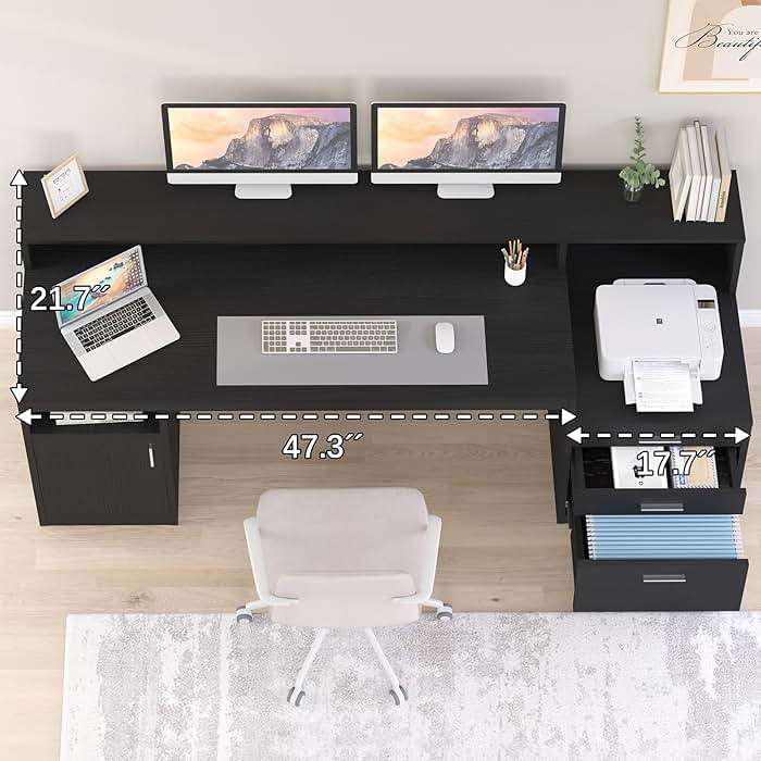 YOMILUVE Computer Desk with 3 Drawer & Storage Shelves, Home Office Desk with File Drawer & Cabinet, Writing Study Table with Long Monitor Stand & Printer Shelf, Executive Desk, Black - Image 4