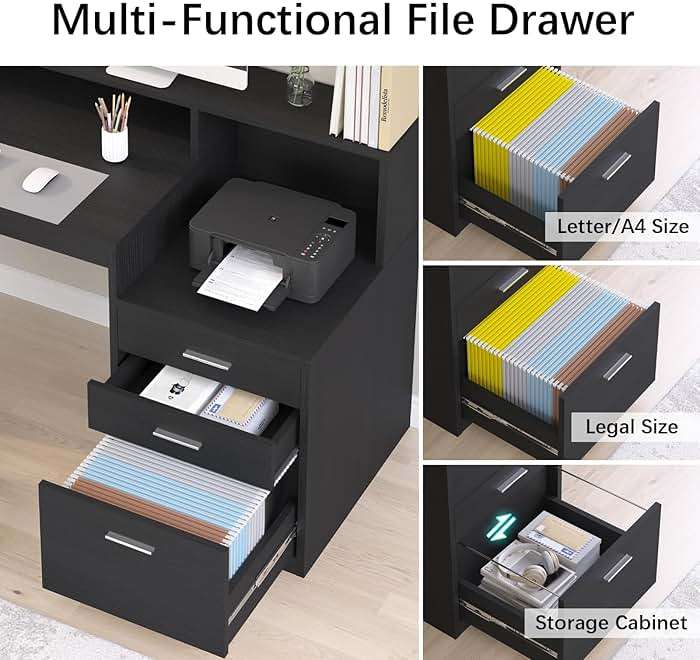 YOMILUVE Computer Desk with 3 Drawer & Storage Shelves, Home Office Desk with File Drawer & Cabinet, Writing Study Table with Long Monitor Stand & Printer Shelf, Executive Desk, Black - Image 5