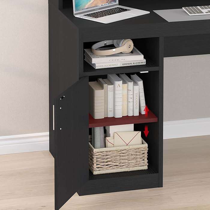 YOMILUVE Computer Desk with 3 Drawer & Storage Shelves, Home Office Desk with File Drawer & Cabinet, Writing Study Table with Long Monitor Stand & Printer Shelf, Executive Desk, Black - Image 6
