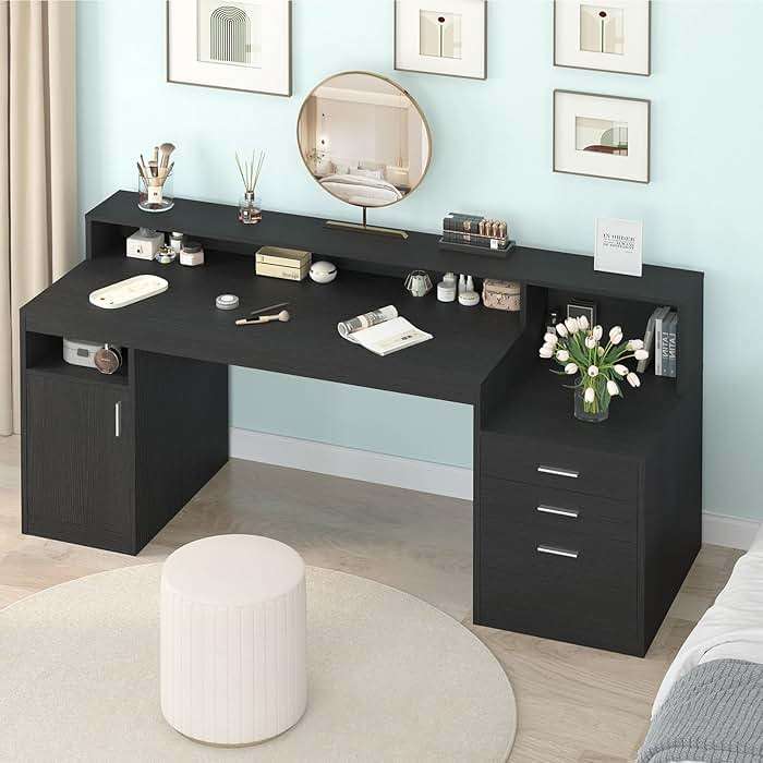 YOMILUVE Computer Desk with 3 Drawer & Storage Shelves, Home Office Desk with File Drawer & Cabinet, Writing Study Table with Long Monitor Stand & Printer Shelf, Executive Desk, Black - Image 7
