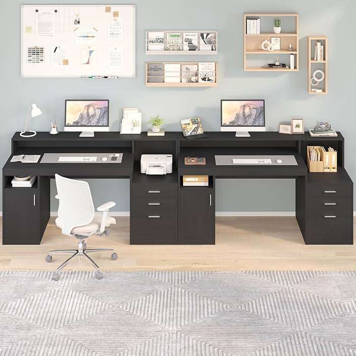 YOMILUVE Computer Desk with 3 Drawer & Storage Shelves, Home Office Desk with File Drawer & Cabinet, Writing Study Table with Long Monitor Stand & Printer Shelf, Executive Desk, Black - Image 9