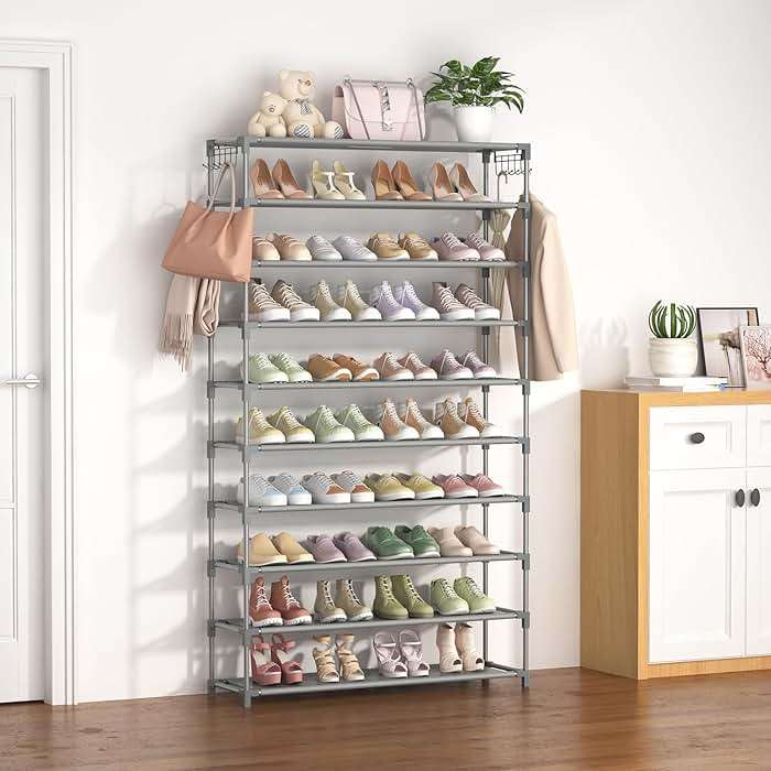 LANTEFUL 10 Tiers Shoe Rack 50 Pairs Large Capacity Tall Shoe Organizer Sturdy Shoe Storage with Two Hooks Space Saving Metal Wide Shoe Rack for Closet, Entryway, Bedroom, Grey - Image 2
