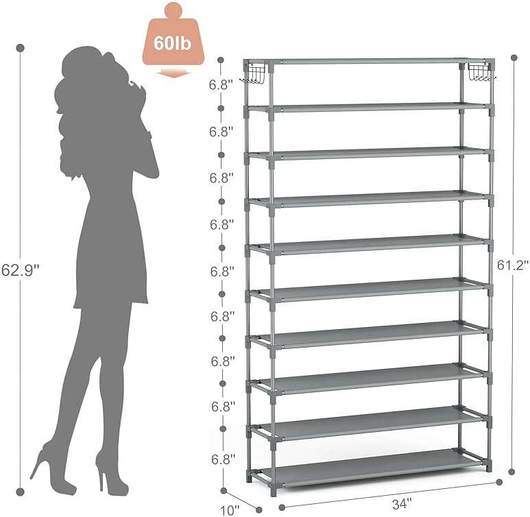 LANTEFUL 10 Tiers Shoe Rack 50 Pairs Large Capacity Tall Shoe Organizer Sturdy Shoe Storage with Two Hooks Space Saving Metal Wide Shoe Rack for Closet, Entryway, Bedroom, Grey - Image 3