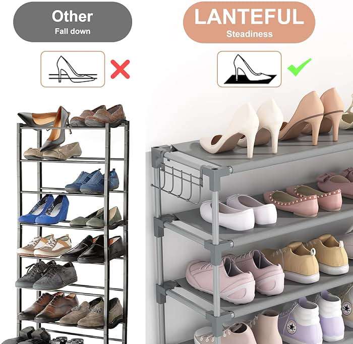 LANTEFUL 10 Tiers Shoe Rack 50 Pairs Large Capacity Tall Shoe Organizer Sturdy Shoe Storage with Two Hooks Space Saving Metal Wide Shoe Rack for Closet, Entryway, Bedroom, Grey - Image 6
