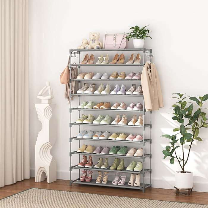 LANTEFUL 10 Tiers Shoe Rack 50 Pairs Large Capacity Tall Shoe Organizer Sturdy Shoe Storage with Two Hooks Space Saving Metal Wide Shoe Rack for Closet, Entryway, Bedroom, Grey - Image 7