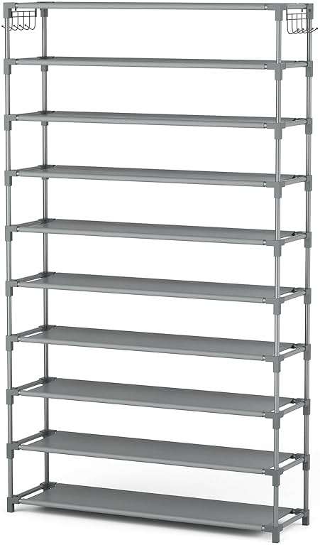 LANTEFUL 10 Tiers Shoe Rack 50 Pairs Large Capacity Tall Shoe Organizer Sturdy Shoe Storage with Two Hooks Space Saving Metal Wide Shoe Rack for Closet, Entryway, Bedroom, Grey - Image 8