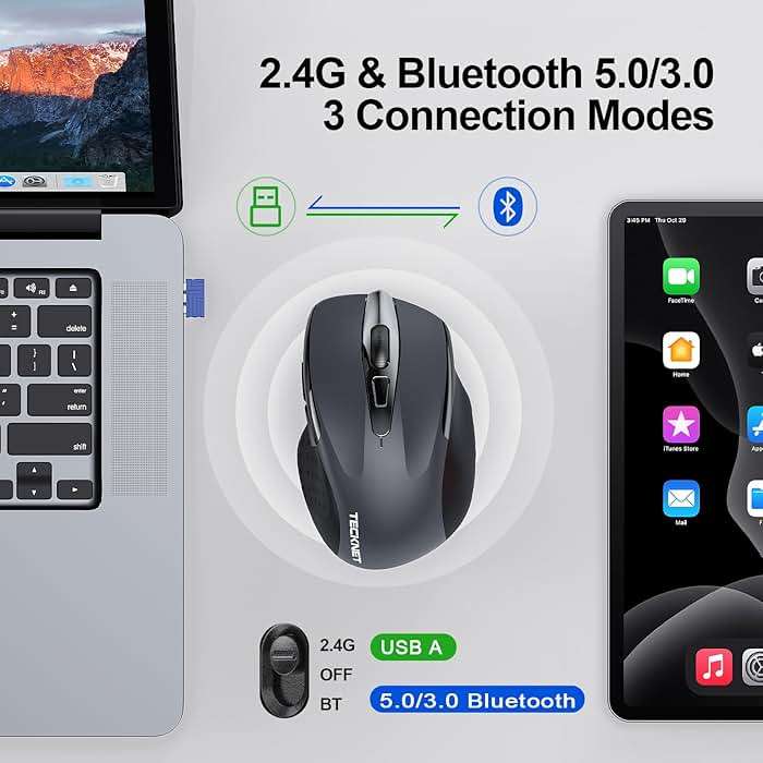 TECKNET Wireless Mouse (2.4G & BT5.0/3.0) Silent 4800 DPI Computer USB A & Bluetooth Mouse 6 Buttons, Wide Compatibility - Grey - Image 2