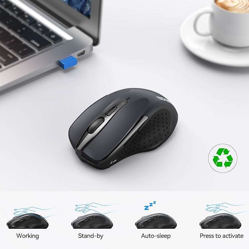 TECKNET Wireless Mouse (2.4G & BT5.0/3.0) Silent 4800 DPI Computer USB A & Bluetooth Mouse 6 Buttons, Wide Compatibility - Grey - Image 8