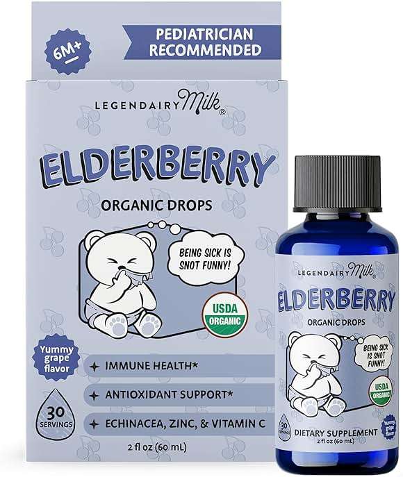 Legendairy Milk Elderberry Syrup Organic Liquid Drops for Babies & Toddlers, Immune Support Supplement Vitamin C, Zinc, Echinacea, Natural Baby Multivitamin Tincture Infant Immunity Kids 30 Servings - Image 1